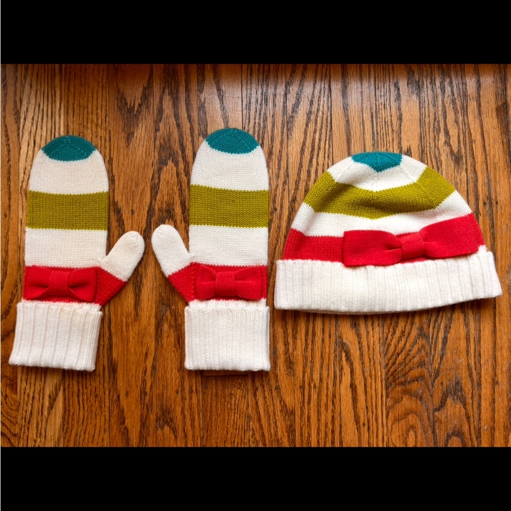 Kate Spade: Striped Women’s Beanie and Mittens Set with Red Bow